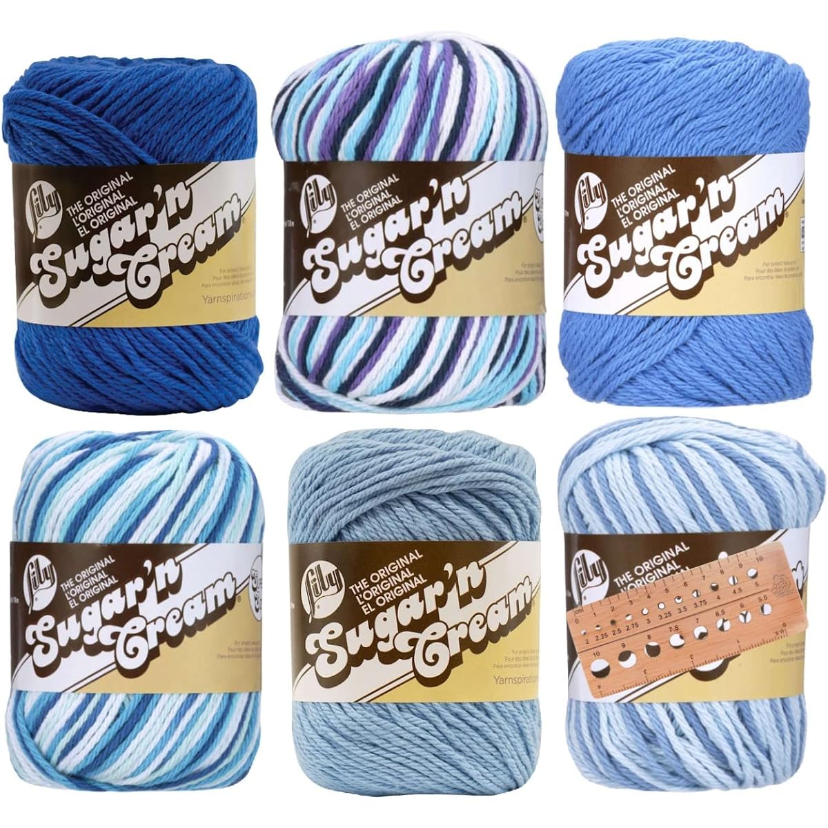 Lily Sugar 'n Cream Yarn Bundle 100% Cotton Worsted #4 Weight Solid & Ombre with Needle Gauge (Mix 231)