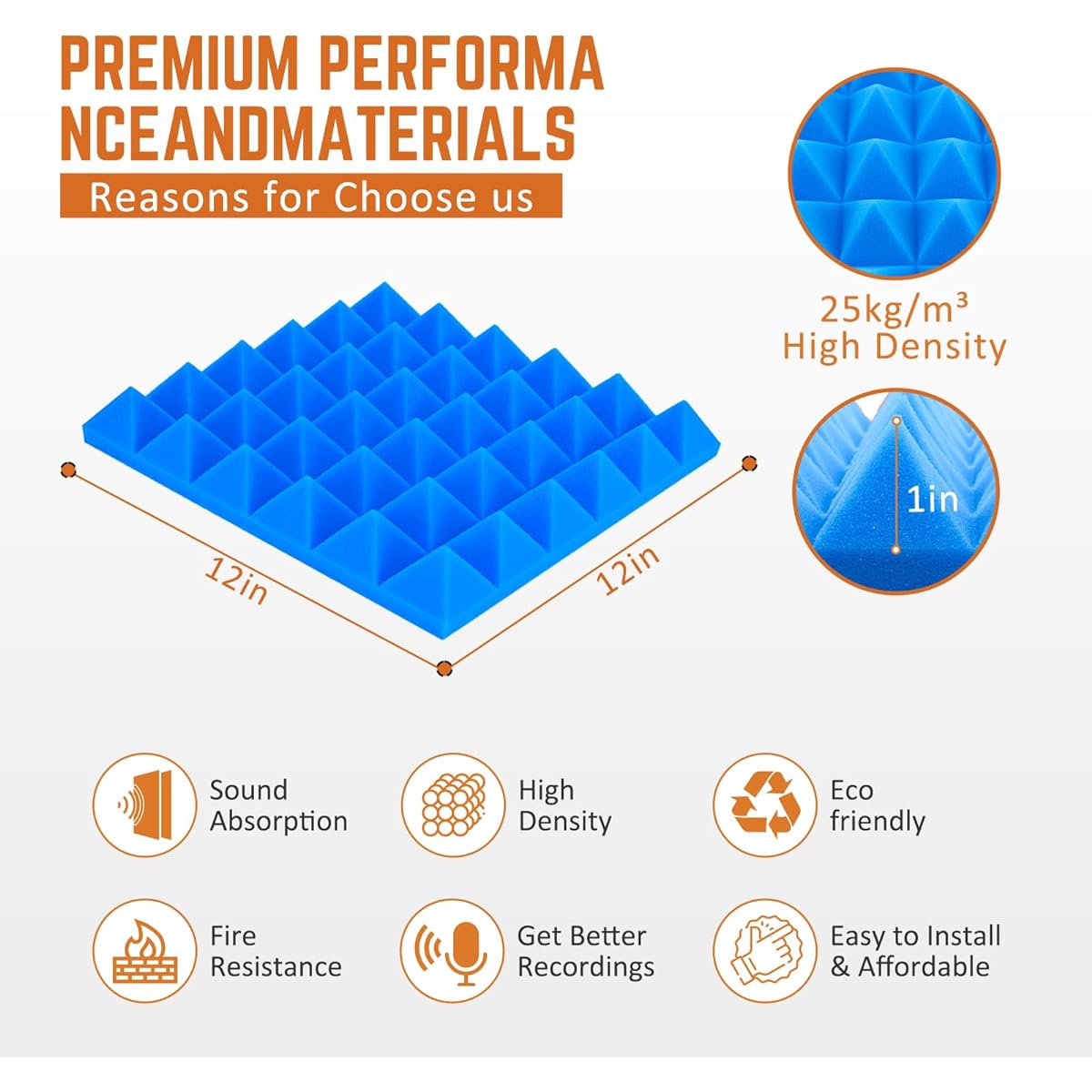 Saiqiang Acoustic Panel Sound Absorption 12 Pack for High Density Pyramid Acoustic Foam 1" x 12" x 12" Soundproof Panel for Wall Noise Canceling Blue 12P-1"
