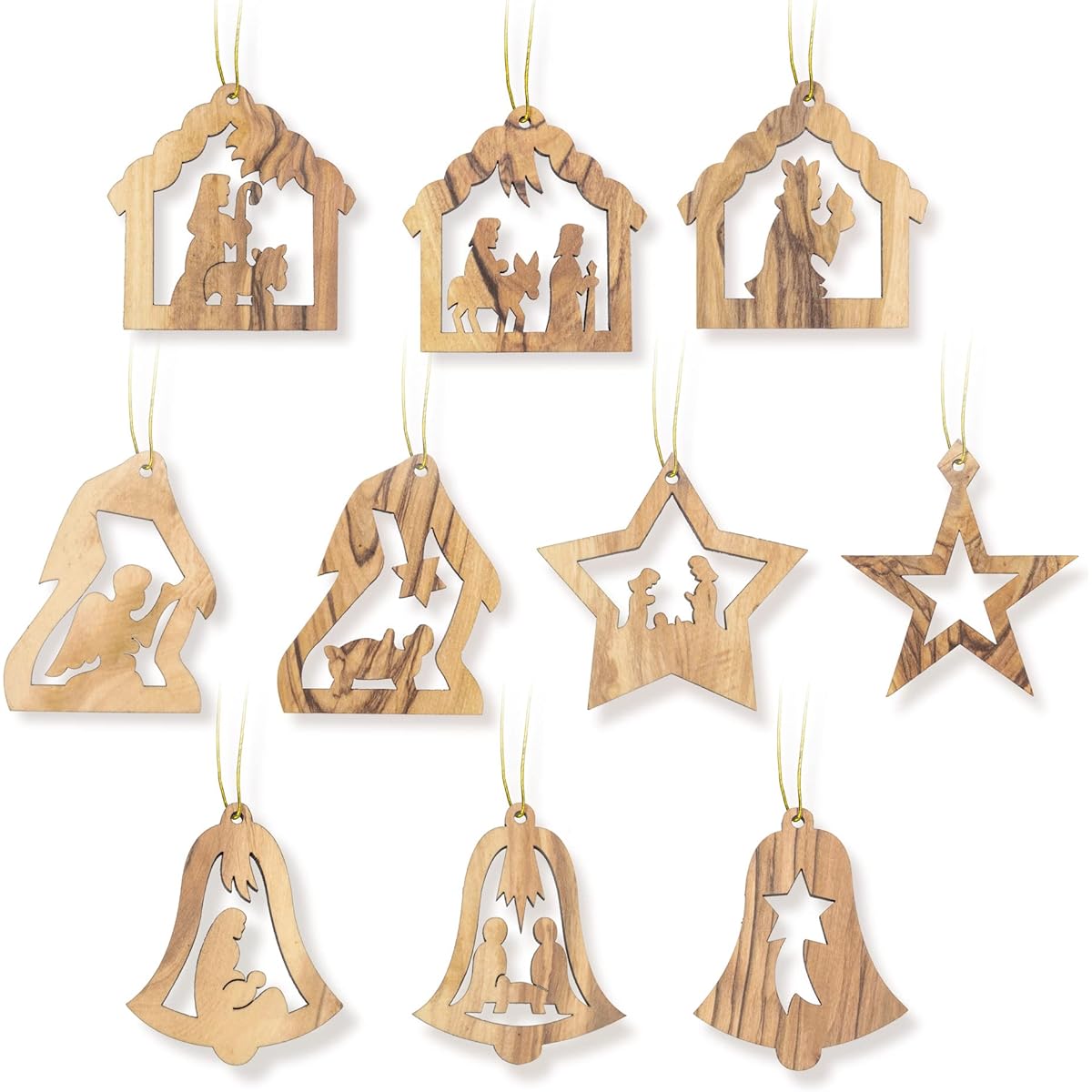 Set of 10 Wooden Christmas Ornaments from Israel - Holy Land Olive Wood Rustic Hanging Decorations Christmas Tree - Package of Small Religious Seasonal Decorations - Mini Christian Holiday Ornaments