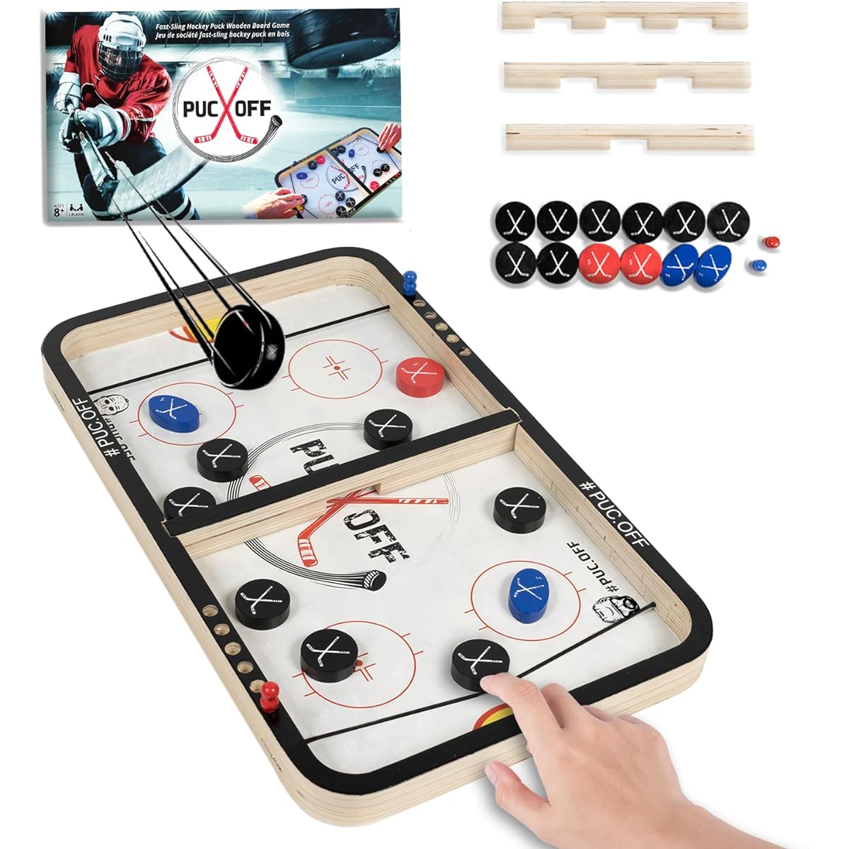 PUC OFF Fast Sling Hockey Puck Wooden Board Game for Entertaining Family and Friends, Portable Soccer Ball for Adults & Kids, Desktop Birthday Christmas Party Gift