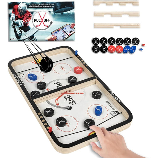 PUC OFF Fast Sling Hockey Puck Wooden Board Game for Entertaining Family and Friends, Portable Soccer Ball for Adults & Kids, Desktop Birthday Christmas Party Gift