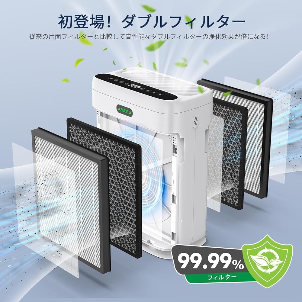 AMEIFU Air Purifier, Pollen Prevention, First Appearance, Double Filter, Strong Purification, 3 Levels Air Flow Setting, Deodorizing, Disinfectant, PM2.5 Automatic Detection, Air Quality Light, Aroma
