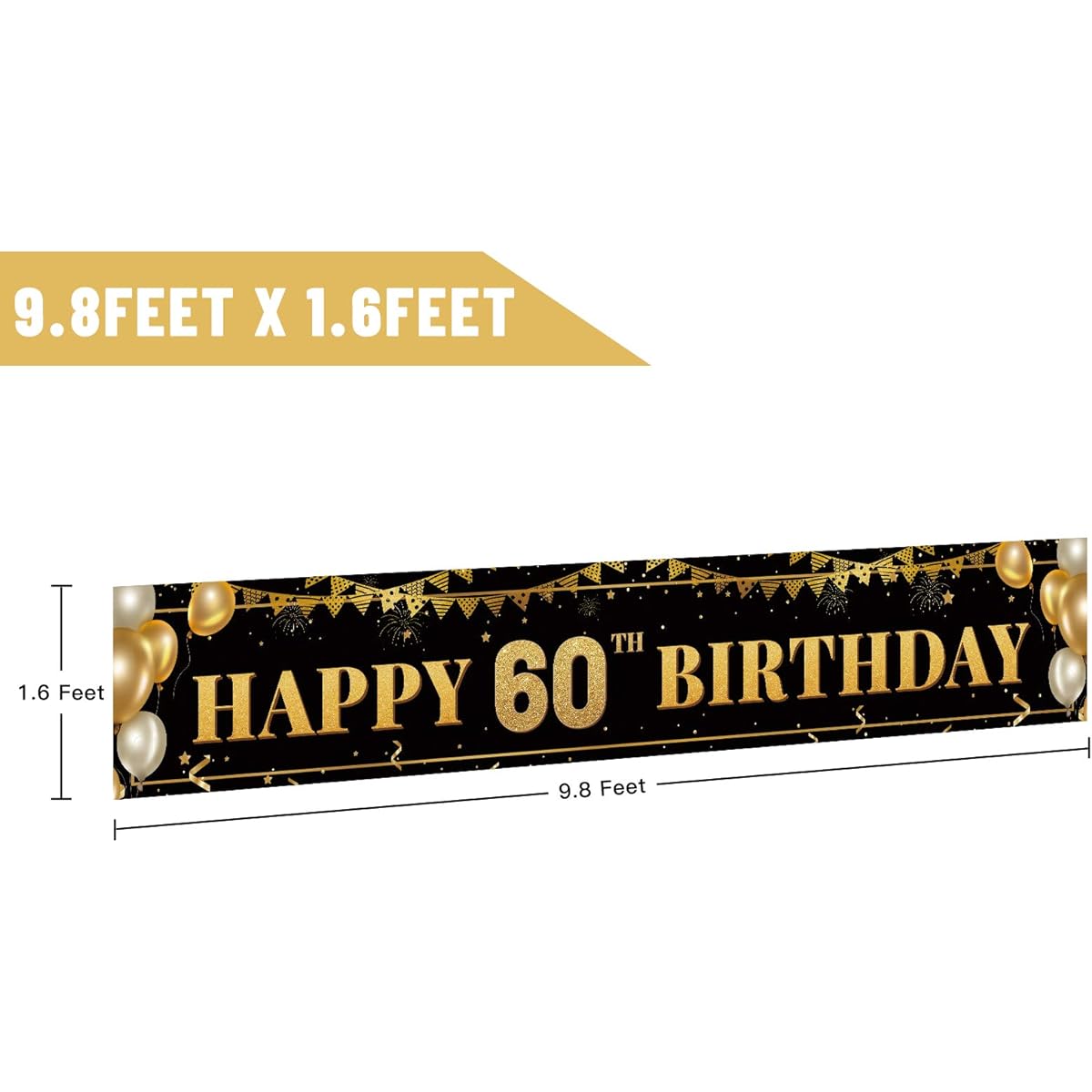 Large Happy 60th Birthday Decoration Banner, Black and Gold Happy 60th Birthday Banner Sign, 60th Birthday Party Decorations Supplies(10x1ft)