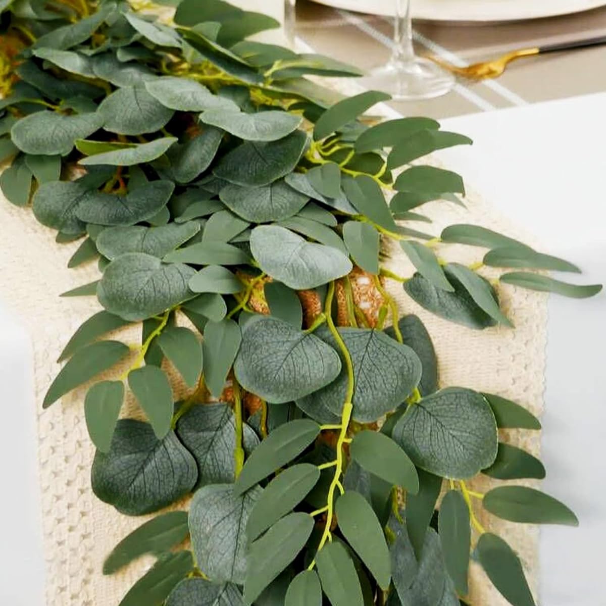 Eucalyptus Table Runner Artificial Green Plants Leaves Movable Home Decor Faux Green Plants Runner DIY Wedding Party Holiday Birthday Farmhouse Dining Table Decor