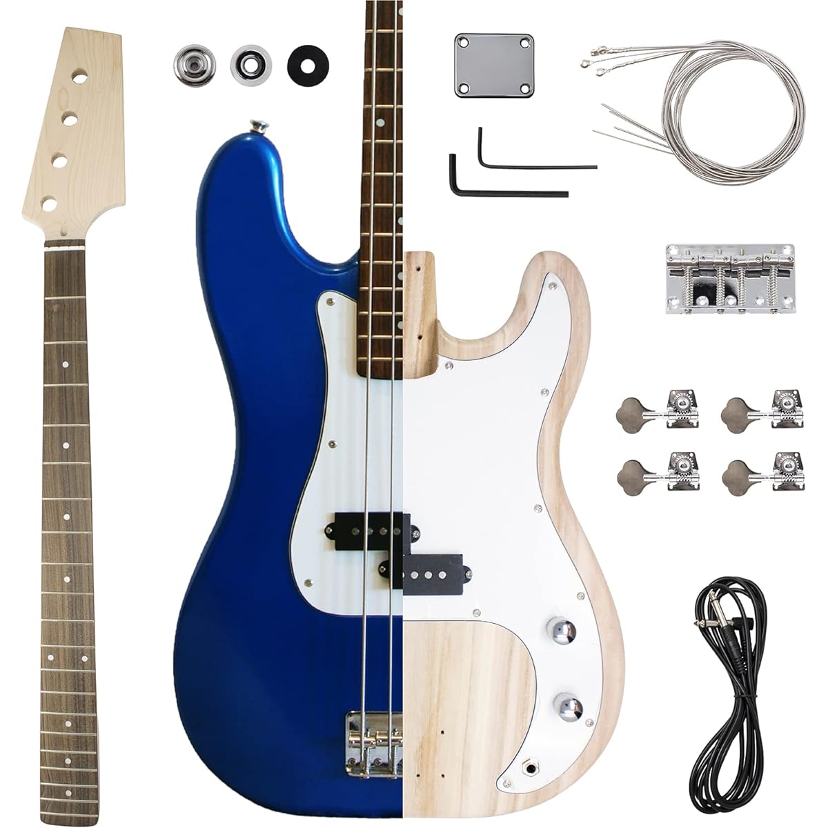 DIY Bass Guitar Kit - Build your own electric bass with Phoenix Tree Wood Body, Pickguard, Electronics, Maple Guitar Neck & Rosewood Fretboard - DIY Guitar Kit Bass Guitar Neck & Guitar Body
