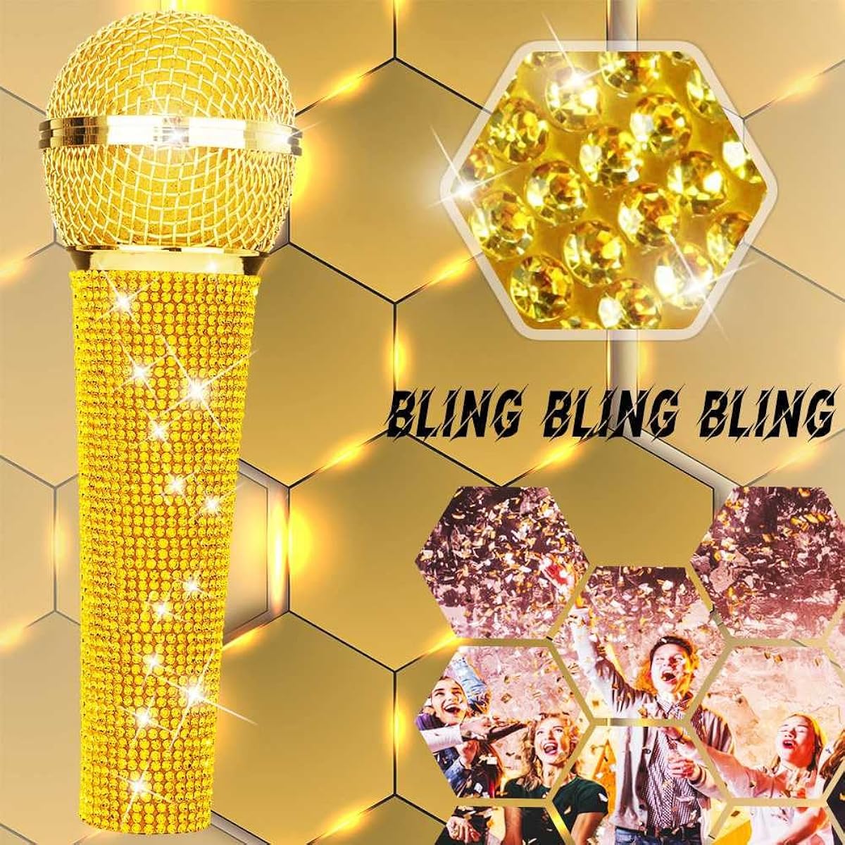 RhymKawa Gold Wired Microphone with Cable Cardioid Dynamic Vocal Mic Rhinestone Handle Metal Body (Gold)