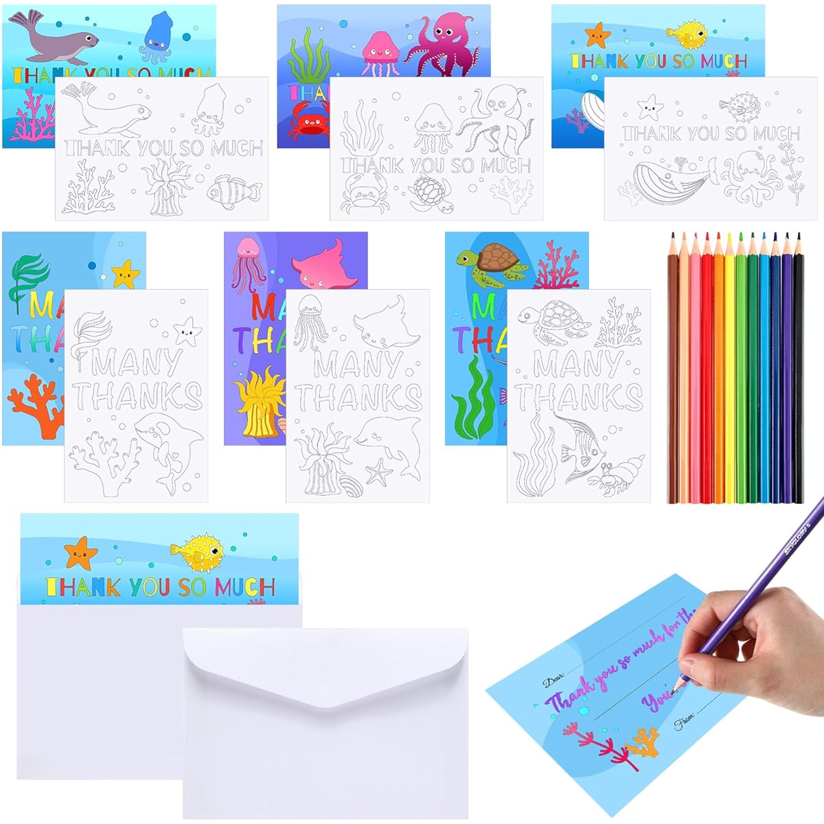 Humyoun Coloring Thank You Cards for Kids, Sea Animals Coloring Cards with Envelopes and Crayons, Fill in the Blank Thank You Cards, Sea Animals Thank You Cards for School/Summer Party, 108 Sheets