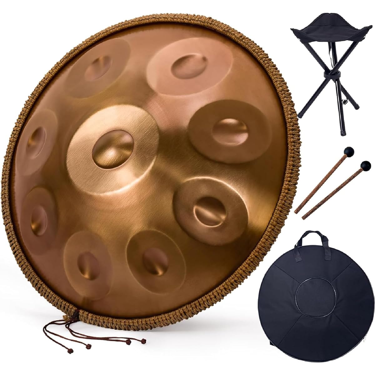 Handpan Drum Instrument D Minor 9 Notes 22" Steel Hand Drum with Soft Handpan Bag, 2 Handpan Hammers, Handpan Stand, Dust-Free Cloth (440Hz, Gold)