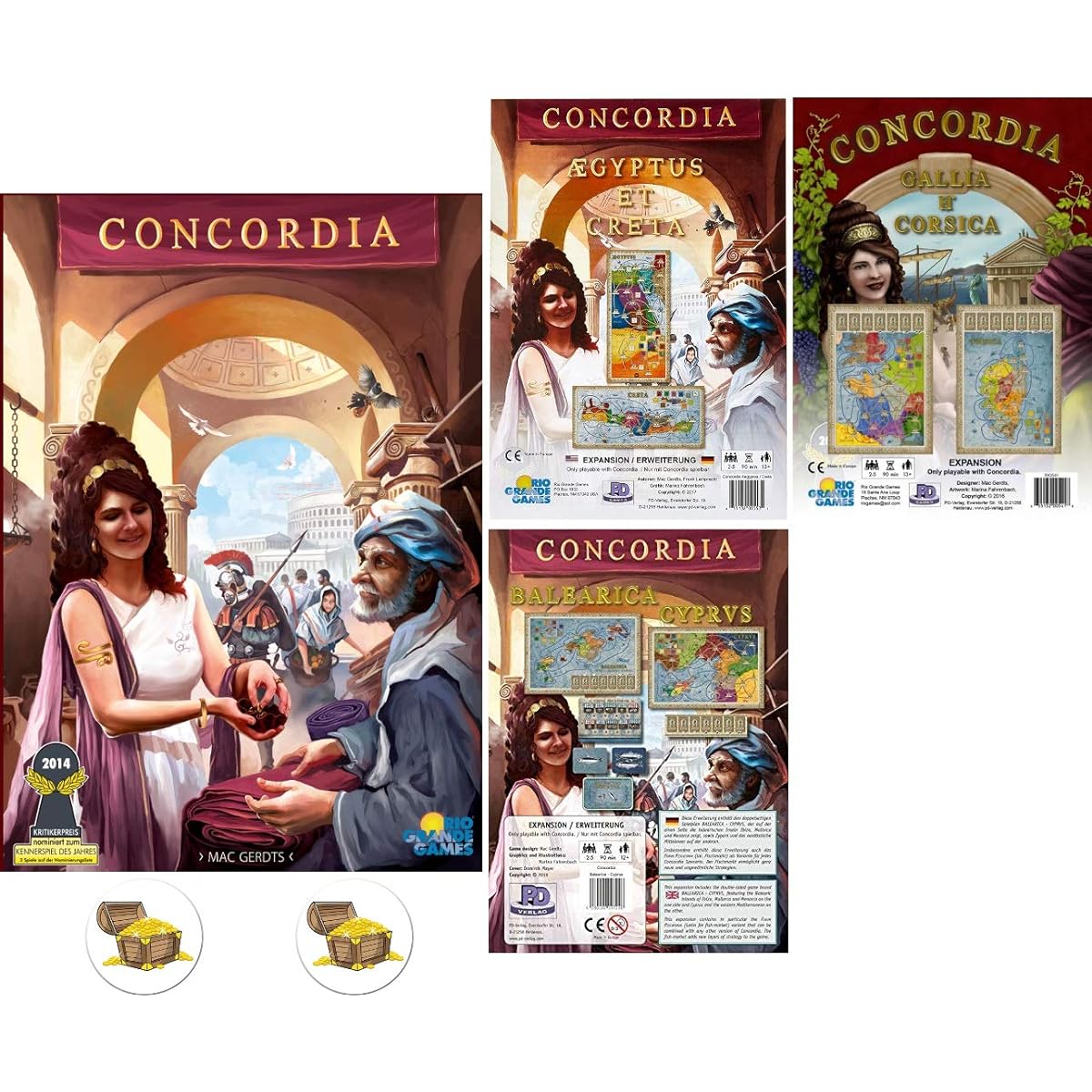 Concordia Board Game Base Game and Expansion Set Aegyptus / Creta, Balearica / Cyprus, Gallia/Corsica Plus 2 Treasure Chest Buttons