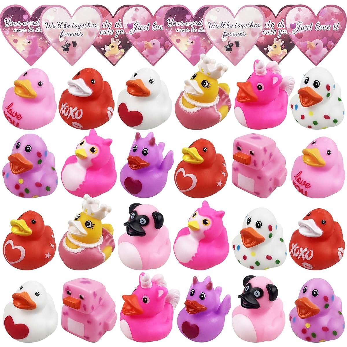 QINGQIU 24 Packs Valentine Cards with Rubber Duck Jeep Bath Toys for Kids School Class Valentine's Day Gifts Giveaways Party Favors