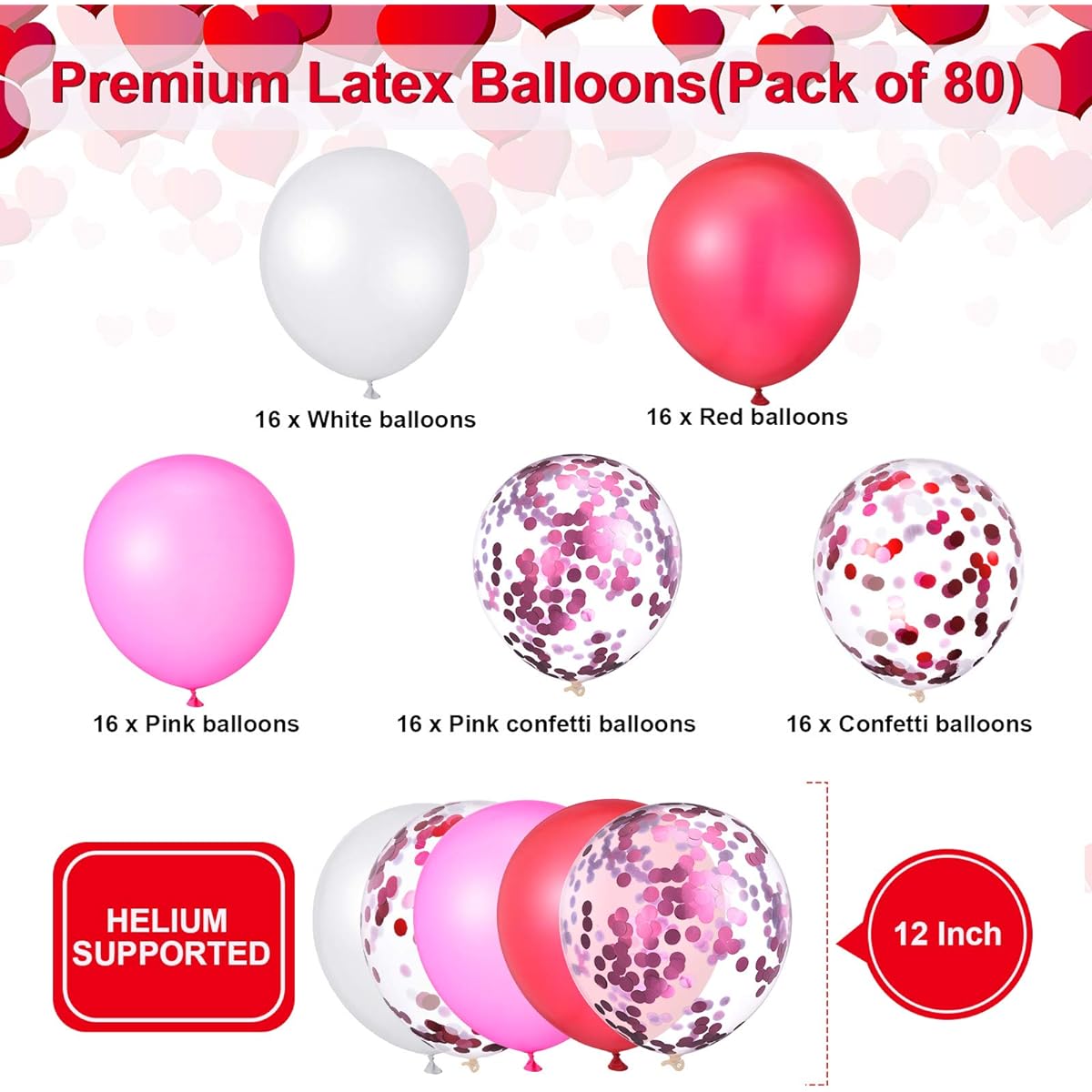 Valentine's Day Balloons 12 Inch Red Confetti Balloons Pink White Latex Balloons Party Balloon Set Valentine's Day/Wedding Anniversary/Baby Shower/Birthday Party Decoration Supplies 80 Pieces