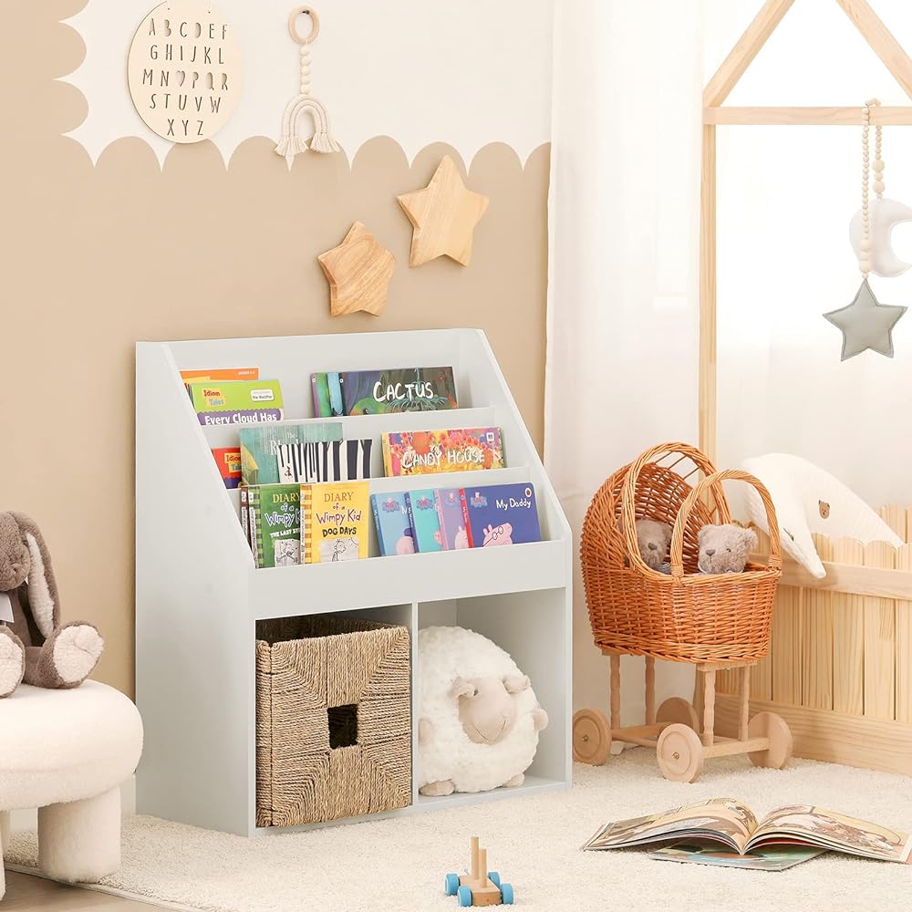 SoBuy Picture Bookshelf Toy Box Picture Book Rack Children's Bookshelf Toys Storage Large Capacity [Storage Cart Included/Manga Magazine Storage, Cute/Kids/Stylish] Children's Shelf Children's Furniture (KMB01-W)