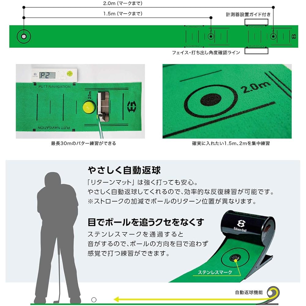 A dream one-putt set A dream one-putt set that allows you to practice long putts up to 30 meters indoors A set of return mat and digital distance meter EDISONGOLF (Edison Golf)
