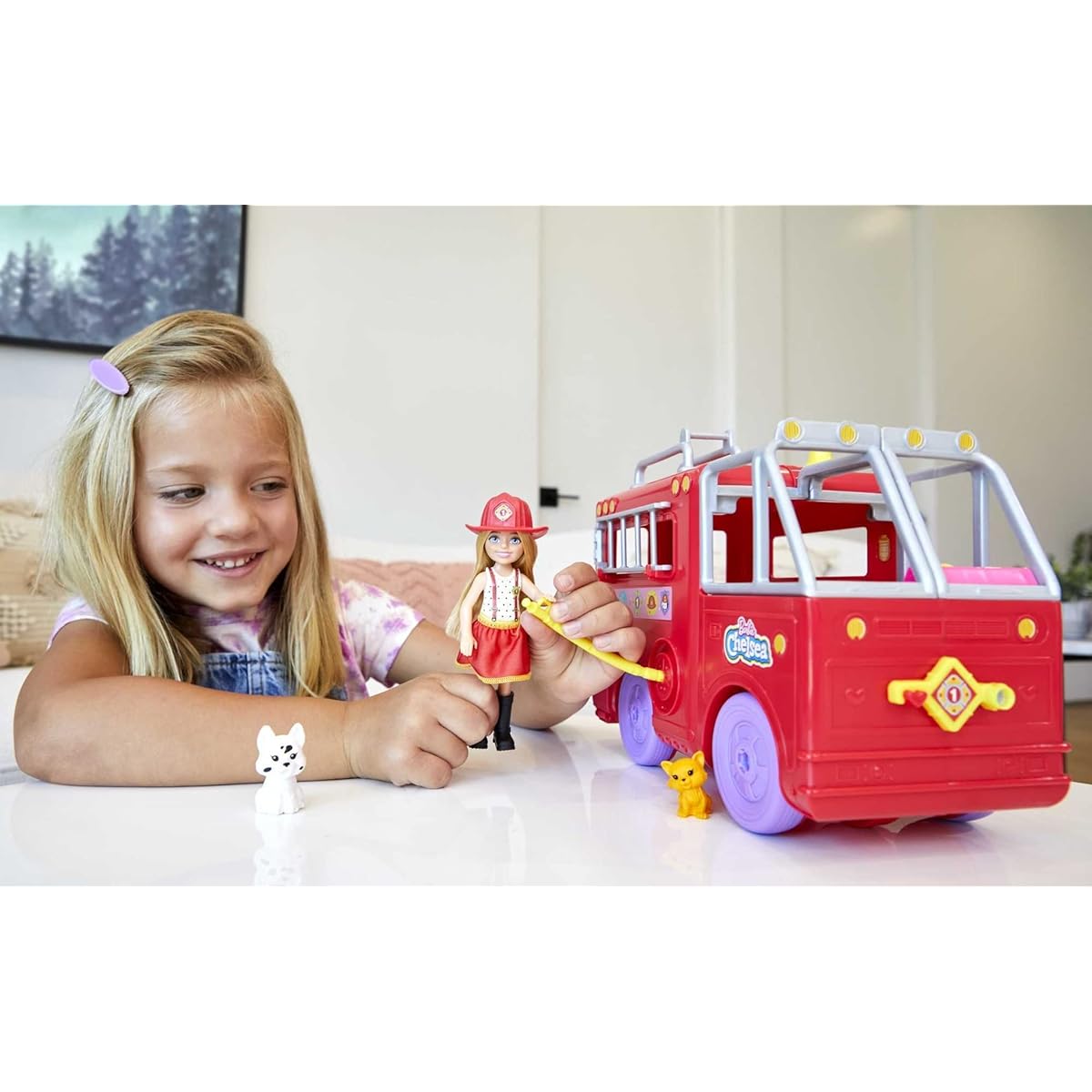 Barbie Chelsea Can Be Doll & Toy Fire Truck Playset with Blonde Small Doll, 2 Pets & 15+ Acessories, Open for Fire Station