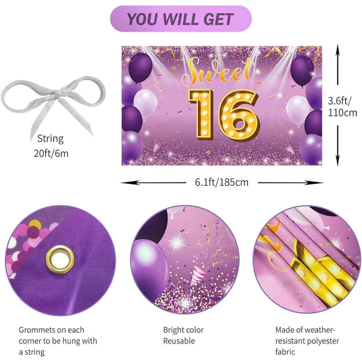 HTDZZI Sweet 16 Birthday Decorations Happy 16th Birthday Backdrop Banner for Girls Purple Sweet 16th Birthday Yard Sign Photo Booth Props Fabric 6ft x 3.5ft