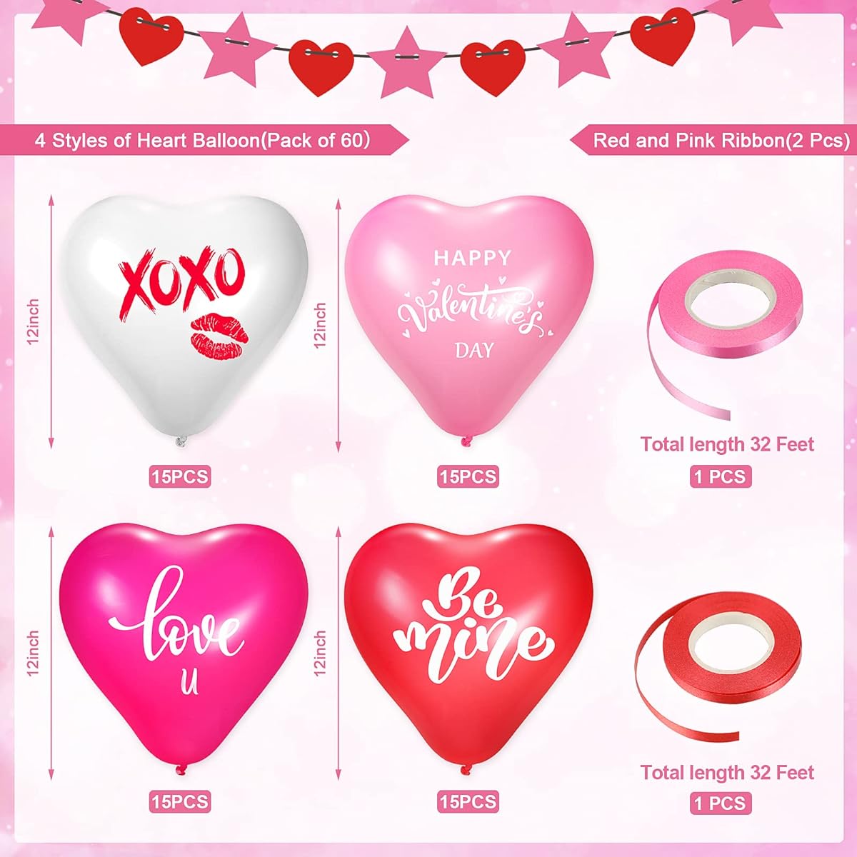 60pcs Heart Balloons White Light Pink Red Heart Balloons Valentine's Day Balloons Latex Heart Balloons for Wedding Decorations Party