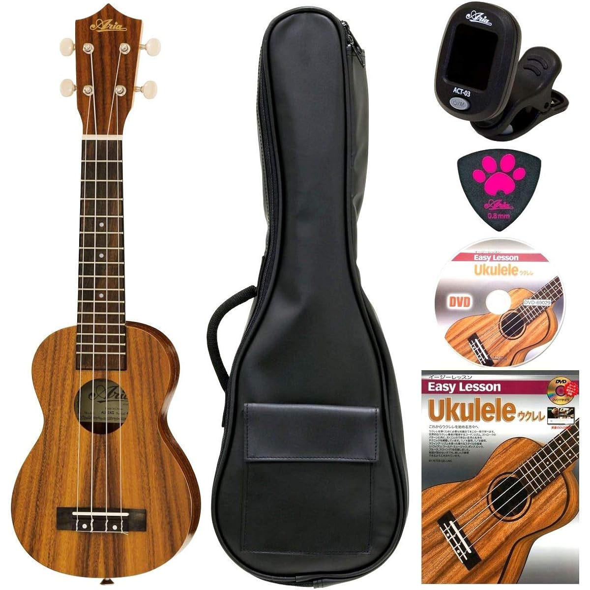 ARIA KOA wood soprano ukulele AU-1KG beginner set with soft case/clip tuner/instructional book with DVD