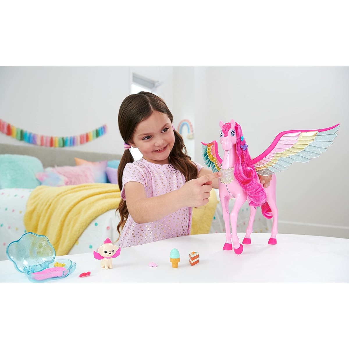 Pink Barbie Pegasus with 10 Accessories Includes Puppy, Winged Horse Toy and Barbie's Magical Touch