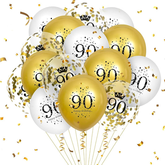 15 Pieces 90th Birthday Balloons White Gold Happy 90th Birthday Balloons Confetti Balloons for Men and Women 90th Anniversary Birthday Party Decorations White Gold Latex Balloons Birthday Decoration Supplies 12 Inch