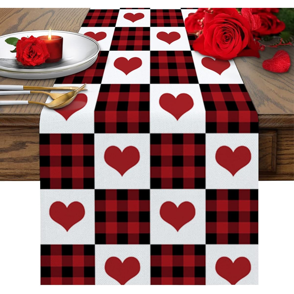 Valentine's Day Love Hearts Table Runner Kitchen Decor Valentine's Day Burlap Table Runner 90" Long Red Buffalo Check Farmhouse Decor Dinner Party Holiday Table Decor 13 x 90 Inch