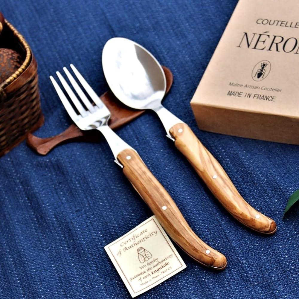 Raieur 1.5mm Spoon & Fork Natural Olive Pattern Gift Box Made in France NERON