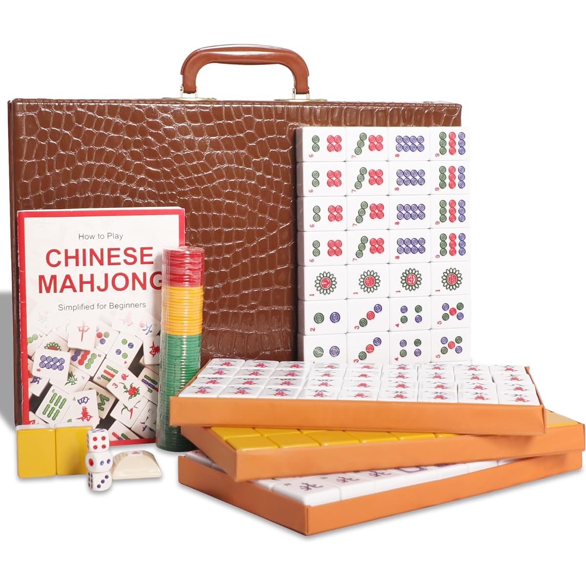 GUSTARIA Chinese Mahjong Set XL with 144 Numbered Melamine Yellow Tiles, 3 Dice, Wind Indicator, Travel Case, and English Instructions (Mahjong, Mahjong, Magic)
