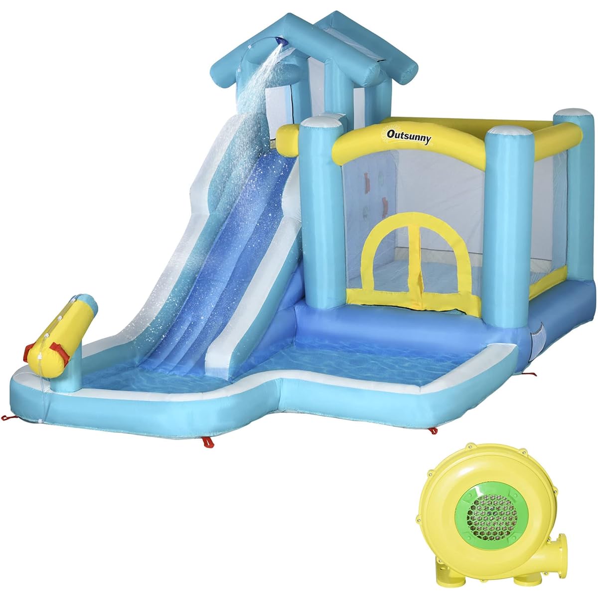 Outsunny 5-in-1 Inflatable Water Slide Kids Castle Bounce House Slide Trampoline Pool Cannon Climbing Wall with Carry Bag Repair Patch Ocean Ball 680W Air Blower