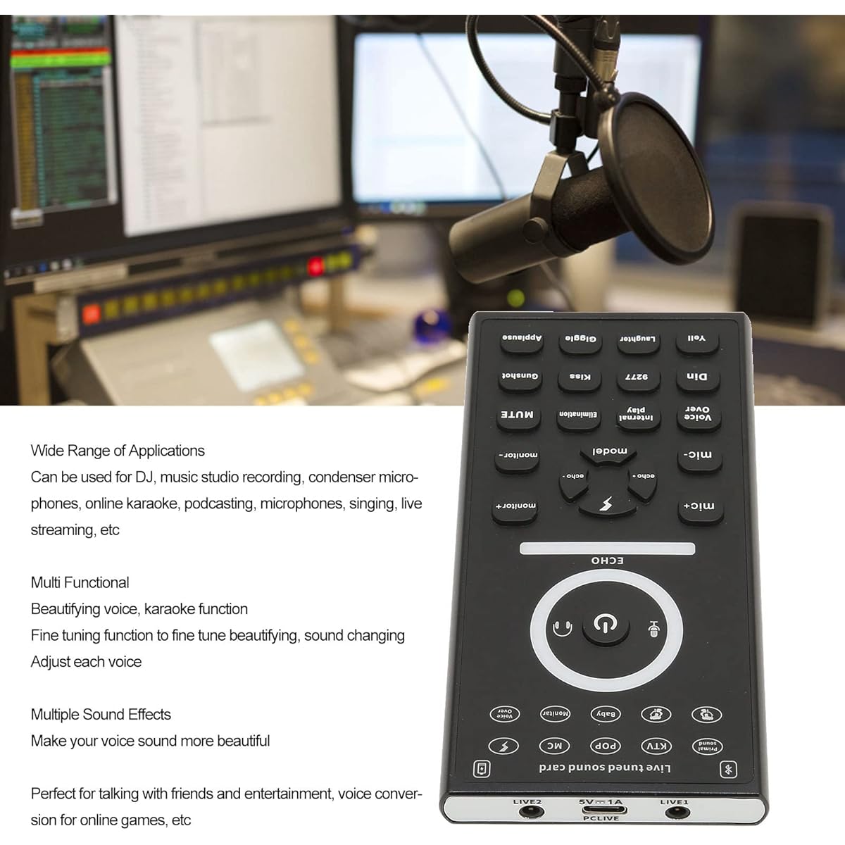 Mini Voice Changer Multi Sound Effects Plug and Play Handheld Live Sound Card Voice Changer Microphone for Phone PC