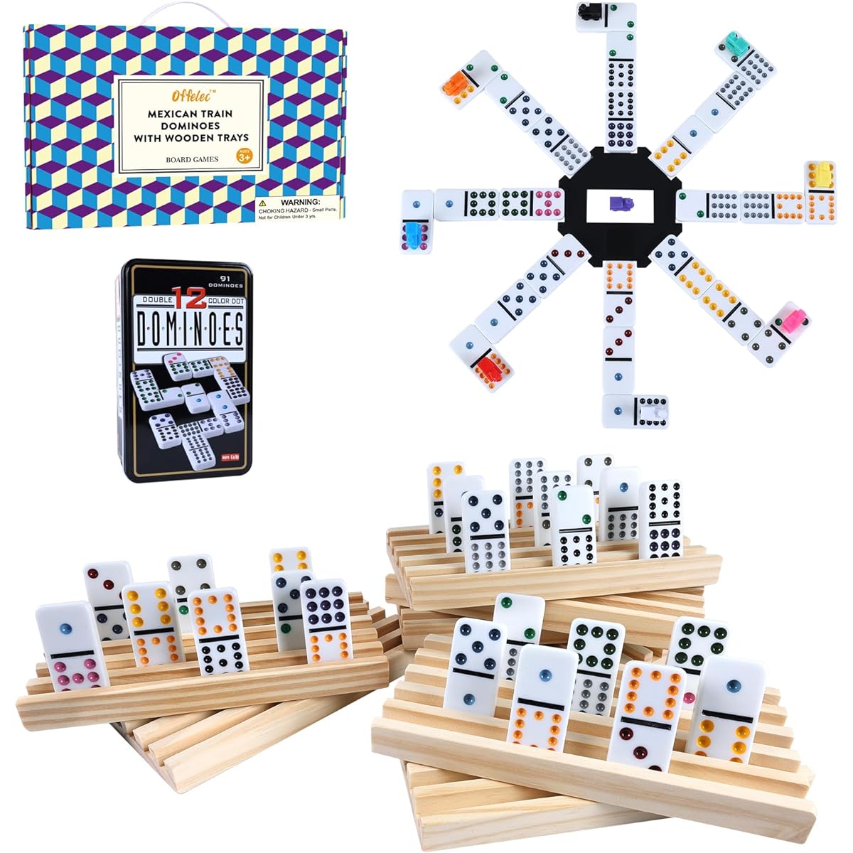 Offelec Mexican Train Double 12 Domino Set, 91 Tiles, Classic Domino Game with 8 Wooden Tray Rack Holders, Tin Box, Colorful Train, Great for Kids, Adults, Seniors, Families