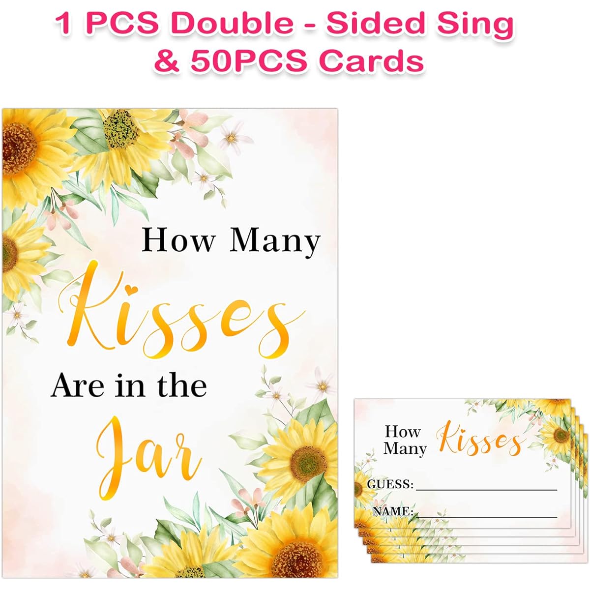Sunflower How many kisses are in the Jar - Fun Party Game for Baby Shower, Bridal Shower, Birthday, Christmas, Graduation Season - Game Card Kit (1 Sign & 50 Cards)