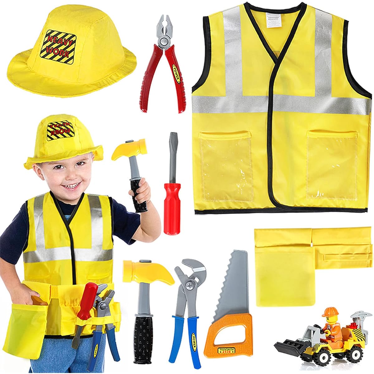 Latocos Construction Worker Costume for Boys Kids Dress Up Clothes Play Toddler Builder Career Outfit Pretend Role Play Toy Halloween Birthday Gift for 3 4 5 6 Year Old Kids