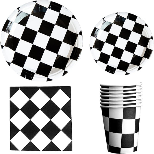 50 Pieces Plaid Race Party Supplies Plate Cups - Racing Car/Dirt Bike/Motocross Theme Party Decorations Supplies Black White Check Plate Cups