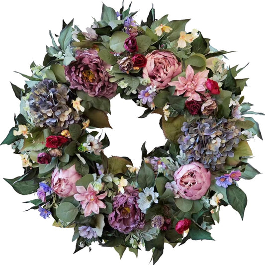 WANNA-CUL 24 Inch Spring Wreath Front Door Decor Pink & Purple Peony Flowers and Vintage Blue Hydrangea Flowers for Wedding and Home Decoration