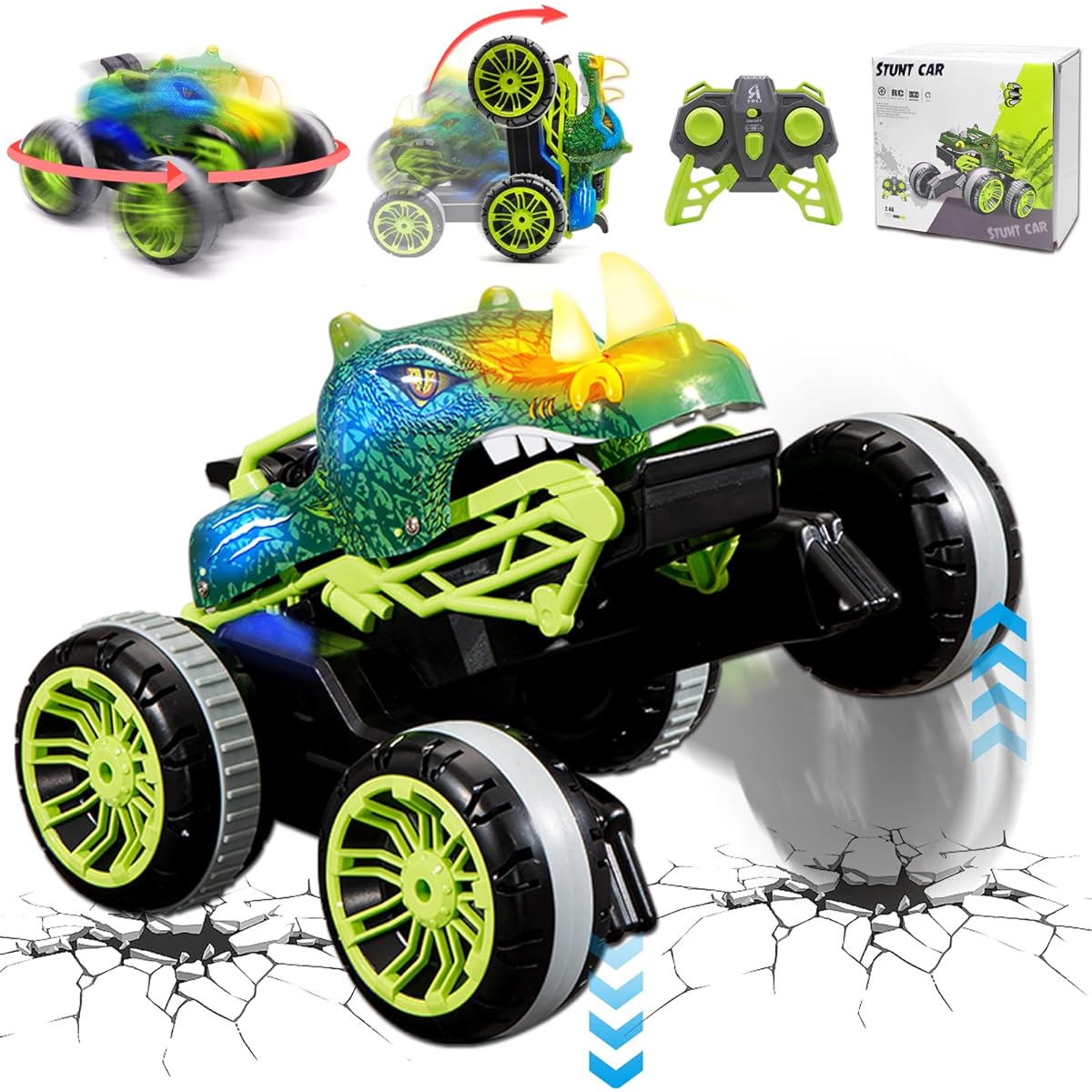 iNFUN iNJOY RC Stunt Dinosaur Car Truck Toys for Kids 2.4GHz Remote Control Truck Toys with Lights & Sounds Indoor Outdoor All Terrain Electric RC Car Toys Gifts for 3 4 5 4 7 8-12 Boys