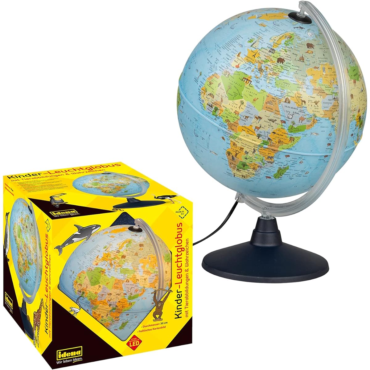 Idena 22059 children Luminous terrestrial globe with animal illustrations, educational toy, Diameter 30cm