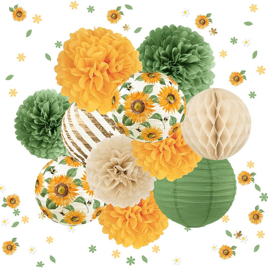 AOBKIAT Wedding Party Decoration Set 12 Pieces Orange Green Sunflower Paper Lantern Pom Pom Flower Sunflower with Confetti Neutral Baby Shower Vintage Party Birthday Bridal Shower