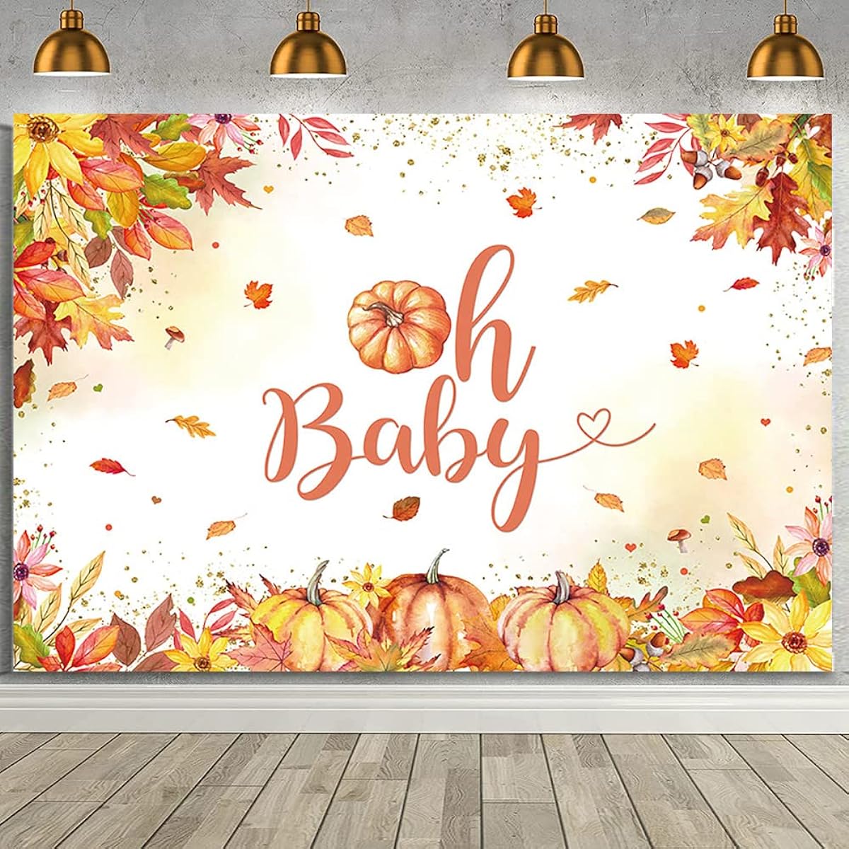 MEHOFOND 7x5ft Autumn Oh Baby Backdrop Baby Shower Fall Maple Leaves Pumpkin Flowers Golden Dots Photography Background Kids Newborn Birthday Party Decorations Banner Cake Table Supplies
