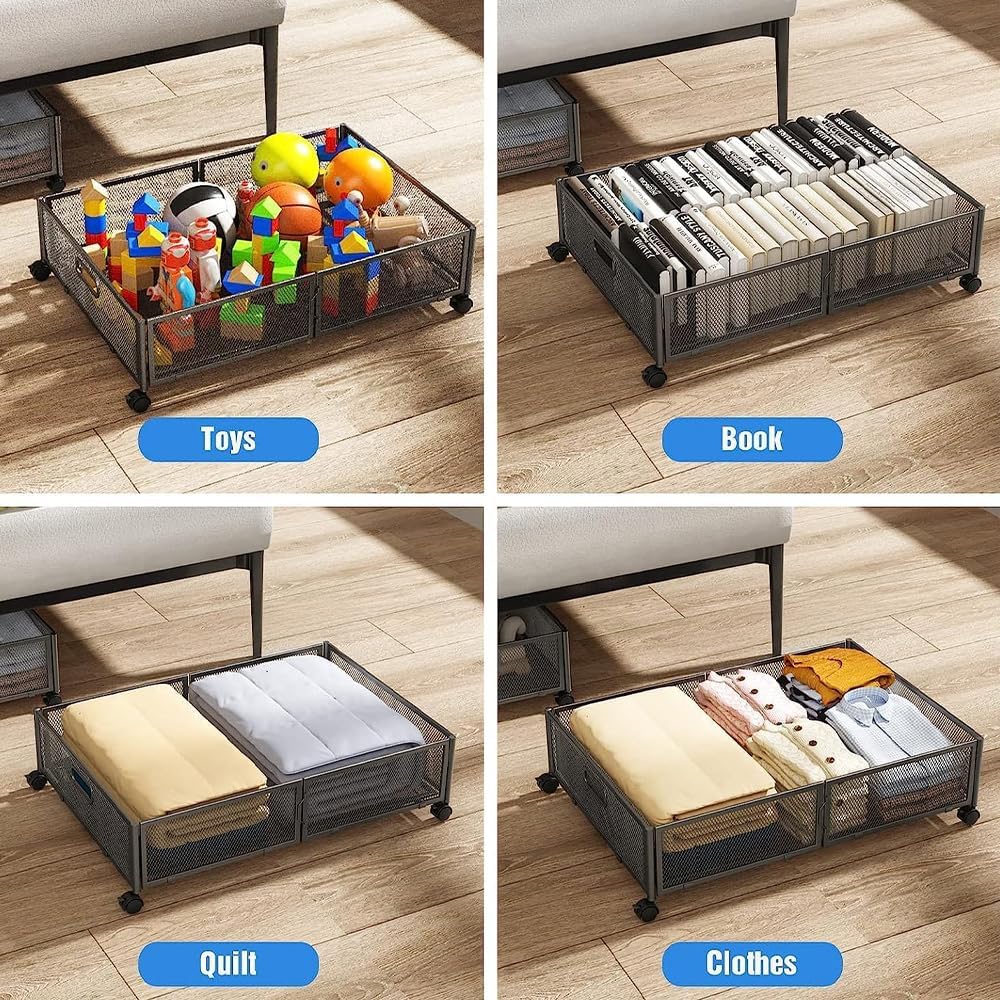 Under-bed storage box, 2-piece set, with casters, storage case, futon bag, space utilization, handle