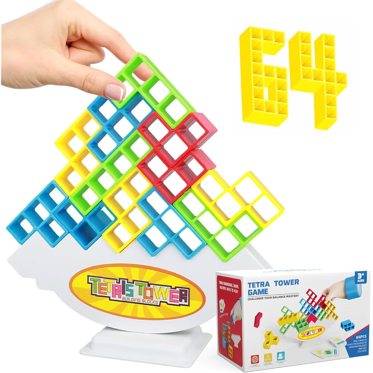 FLLOBE Tetra Tower Game, 64 Pieces Team Tower Game for Kids & Adults, Tetris Tower Game, Family Board Game, Balance Stacking Block Game, Great for Family/Party/Travel, Colorful
