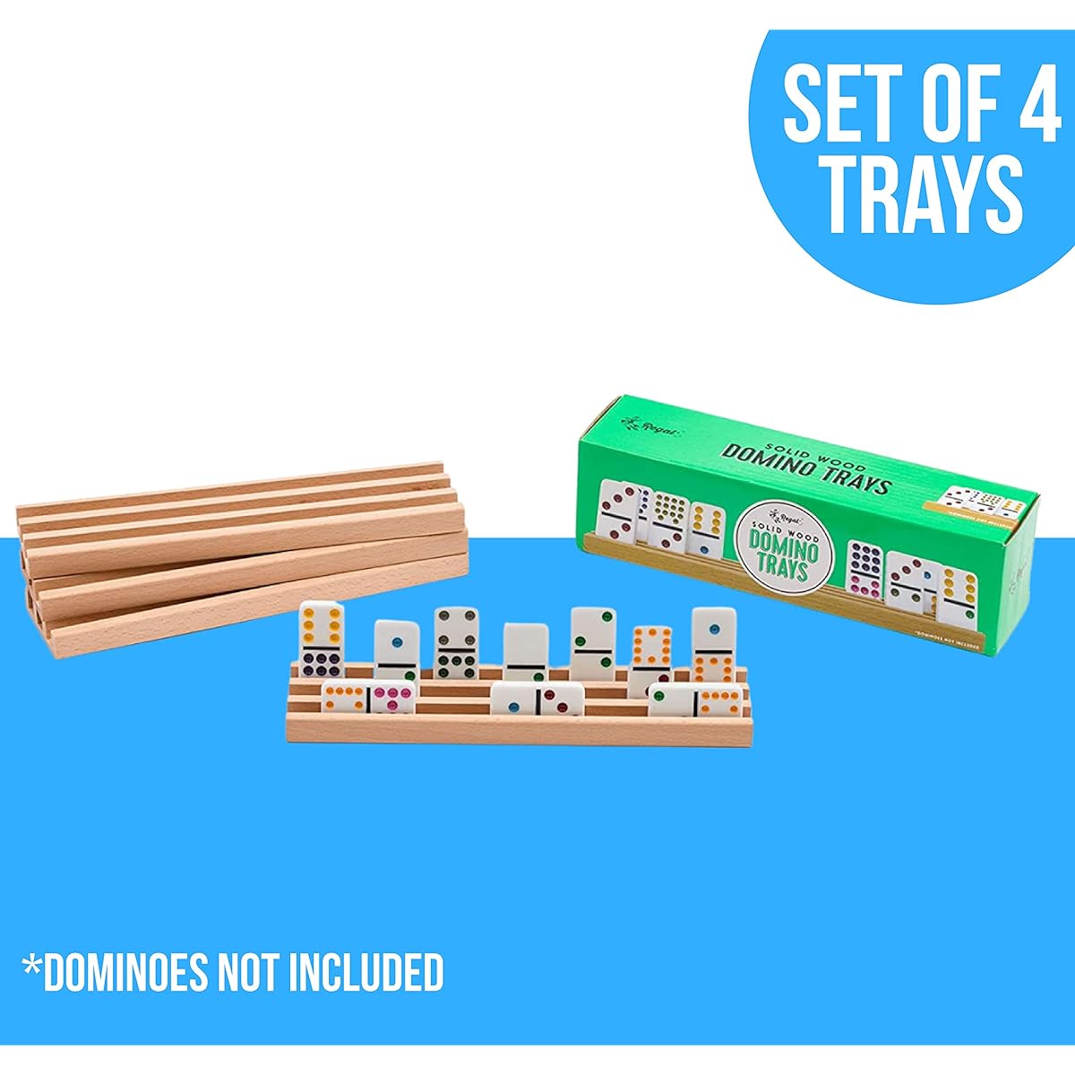 Regal Games Solid Natural Wood Domino Trays, Set of 4