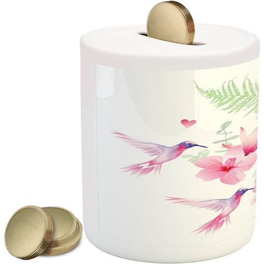 Ambesonne Hummingbird Money Box, Flying Hummingbirds and Tropical Flowers Wild Nature Blooms, Ceramic Money Box for Savings, Pale Pink Pale Green Purple