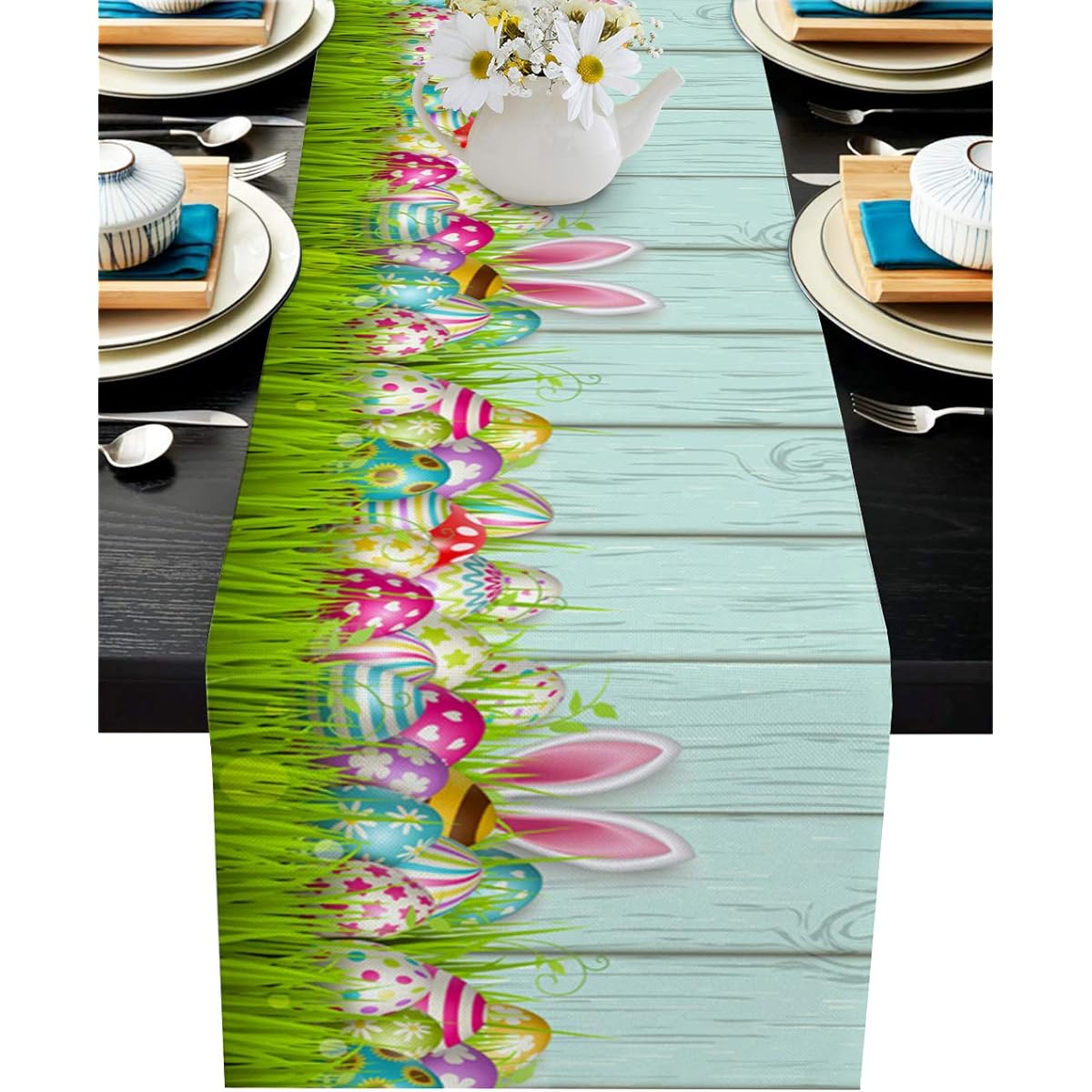 Table Runner Cotton Linen 72 Inch Long Holiday Dresser Scarf Colorful Geometric Pattern Easter Egg Spring Fresh Green Kitchen/Coffee/Dining/Bedroom/Home Living Room/Dinner Scarf Decor