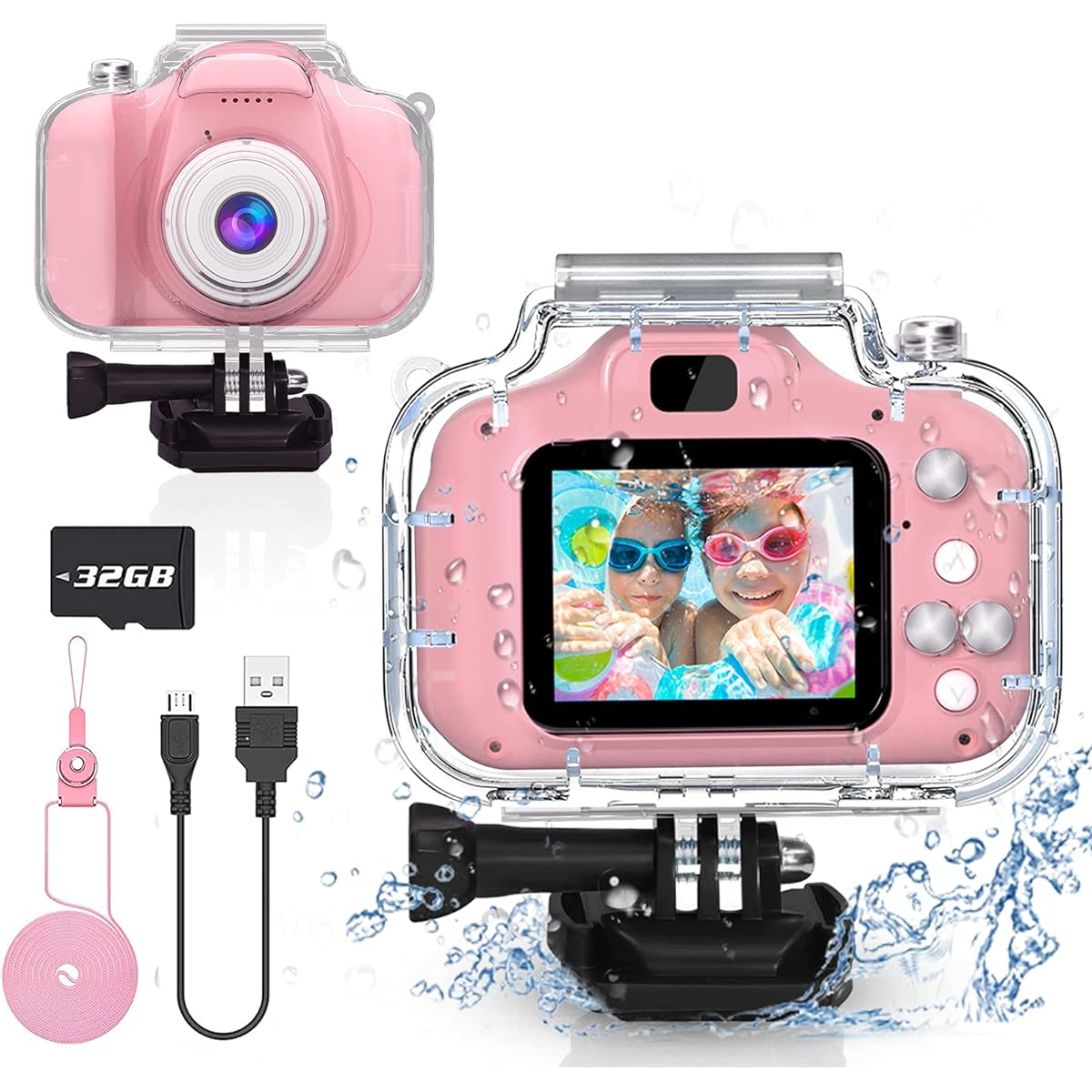 Gifts for Girls Age 6 7 8 9 10 Yoophane Kids Waterproof Camera Christmas Birthday Gift Toddler Action Camera Toys for Girls Ages 3-12 Underwater Video Recorder with 32GB SD Card (Pink)