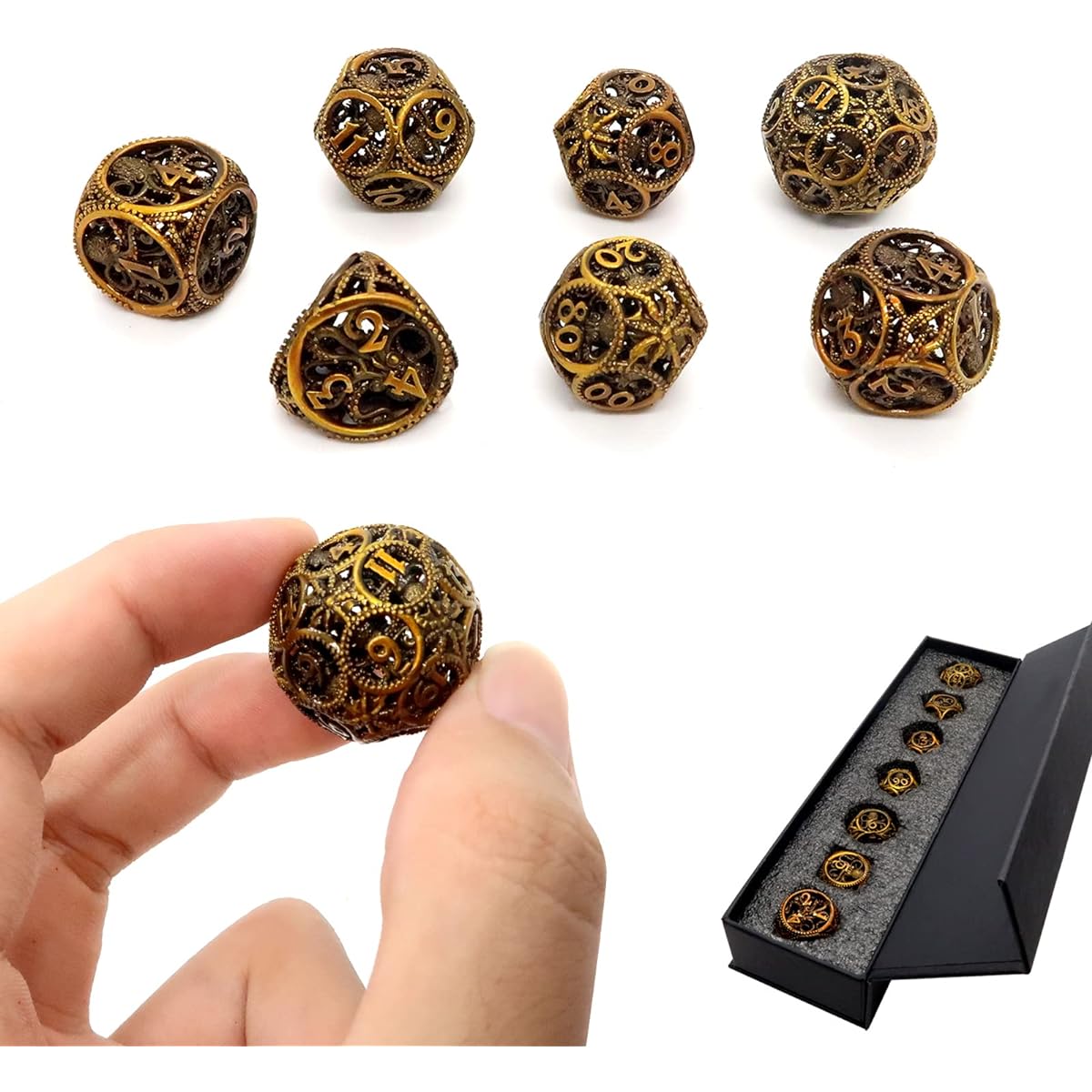 Tamatako Ancient Gold D and D Dice Set D20 D12 D10 D8 D6 D4 D%