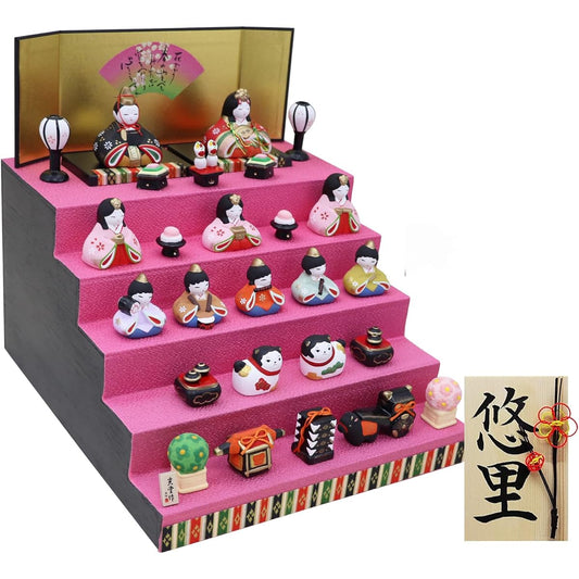 Osaka Choseido Original Hina Doll Compact Mini Hina Doll Personalized Wooden Tag Free Gift (Sent Separately) Ceramic Five-Tiered Hina Doll Width 26cm Hanamiyabi Hina (Pink)