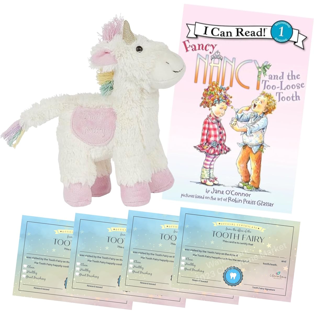 Cleverlane Market Tooth Fairy Gift Set - Unicorn Tooth Fairy Pillow Plush with Fancy Nancy and Toulouse Tooth Book and Certificate Card