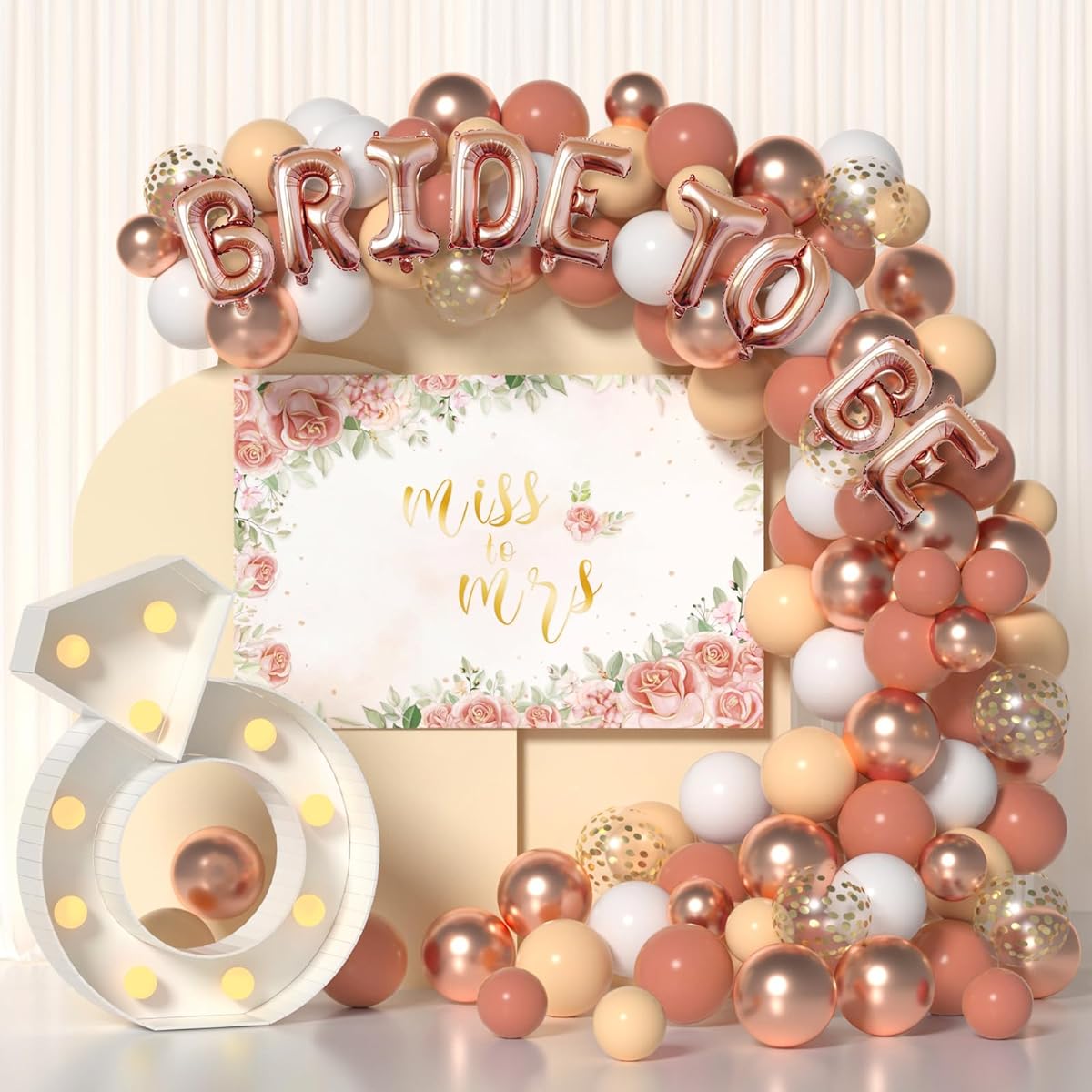 LYVEEF Bachelorette Party Decorations Rose Gold Bridal Shower Decorations 111pcs Blush Pink Balloons Garland Arch Kit Bride To Be Balloons Confetti Balloons with DIY Marquee Light Up Rings and Backdrop