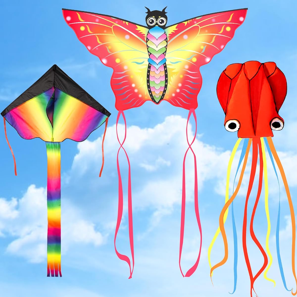 Crogift Large Kite, Large Kites 3 Pack, Colorful Delta Flying Kite, Red Octopus with Kite String, Ages 3+, Girls, Boys
