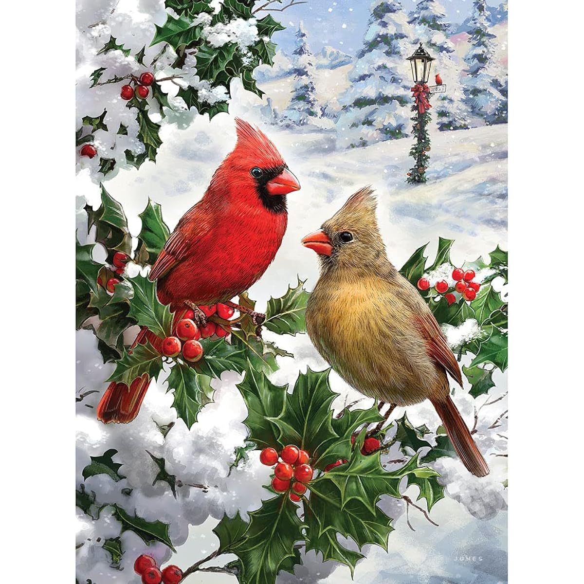 Bits and Pieces - 500 Piece Glitter Effect Jigsaw Puzzle for Adults 46cm x 61cm - Cardinal Couple - 500 Piece Holiday Christmas Snow Tree Bird Jigsaw Puzzle Artist Larry Jones