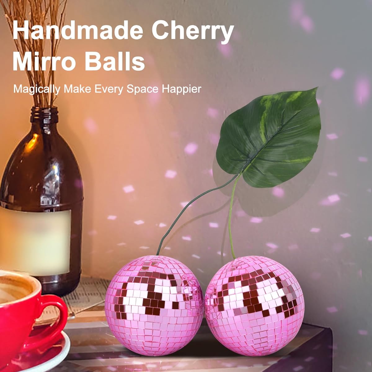 Cherry Disco Ball Decoration (Pink, Double Cherry - 12cm)